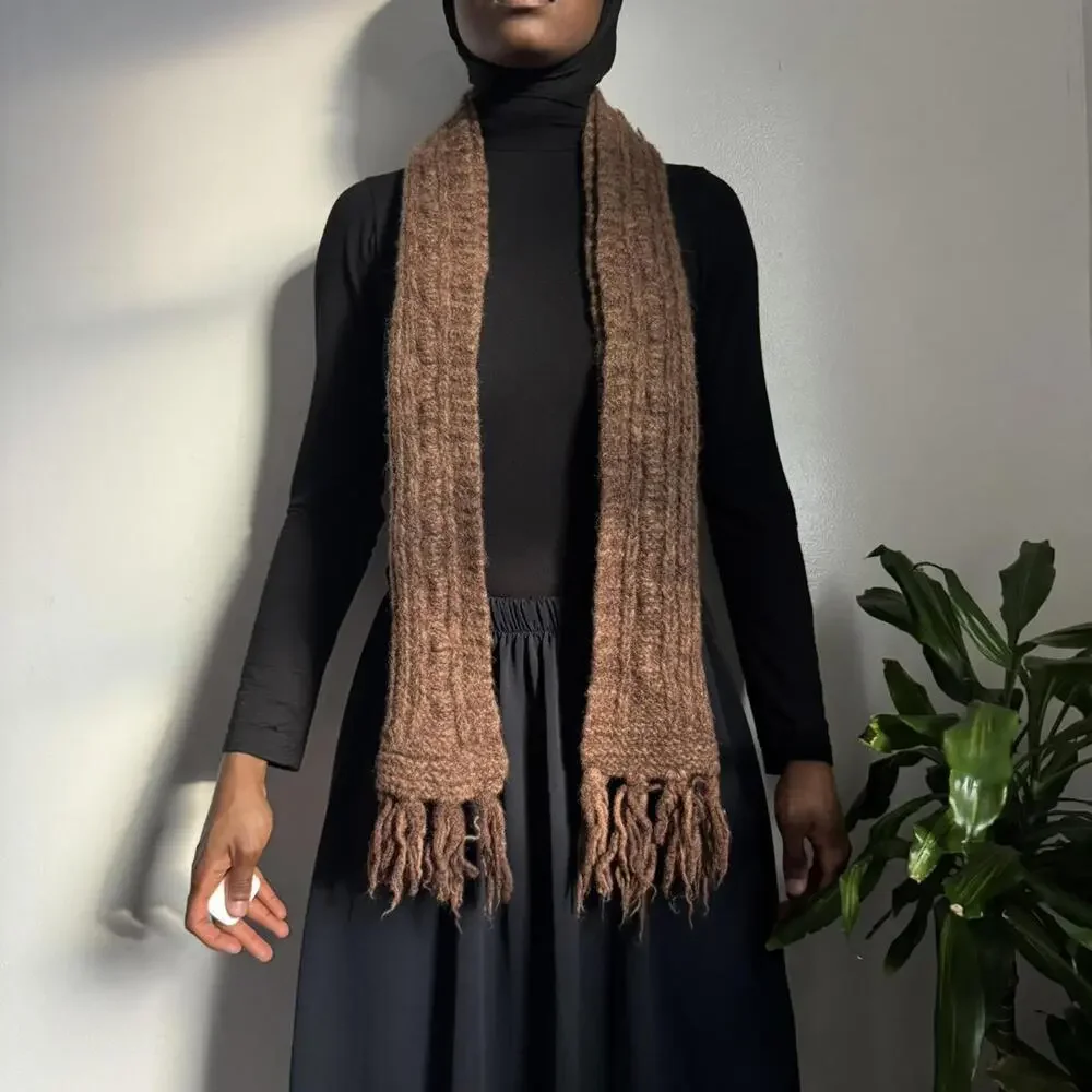 Cozy Brown Knit Fringe Scarf - Women Accessories